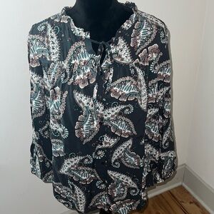 LOFT long sleeve olive green paisleys print tie front buttoned down top blouse M